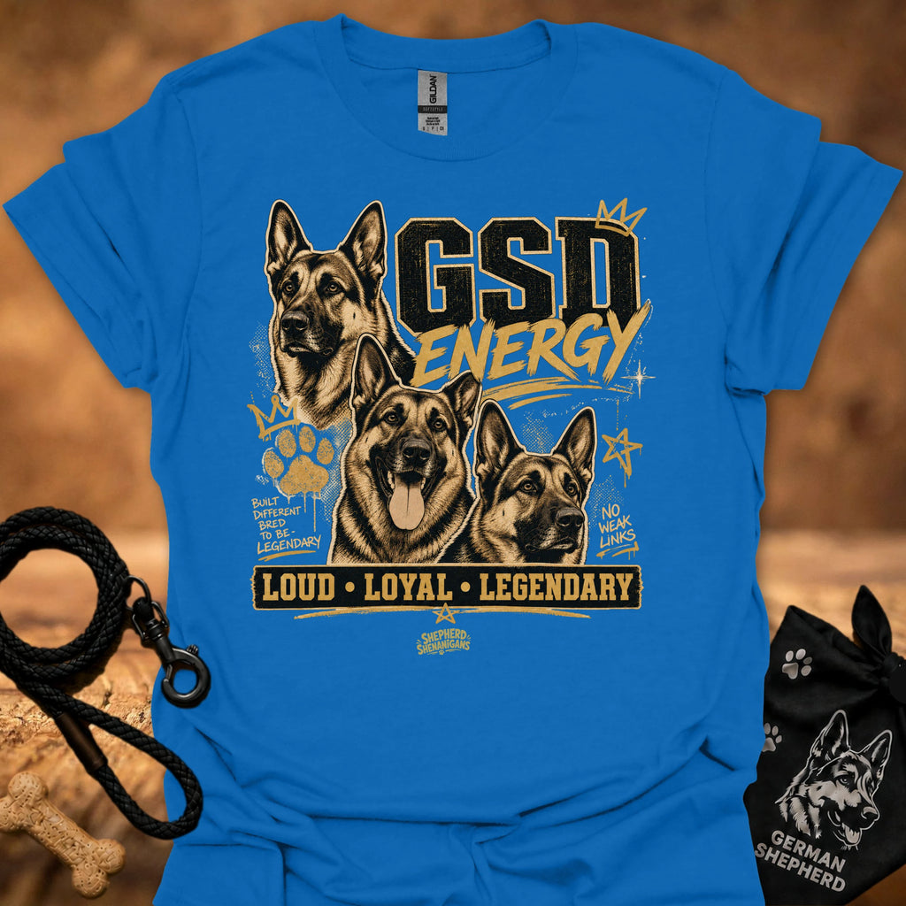 GSD Energy T-shirt, bright blue, three German Shepherds graphic with “Loud • Loyal • Legendary”.