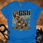 GSD Energy T-shirt, bright blue, three German Shepherds graphic with “Loud • Loyal • Legendary”.