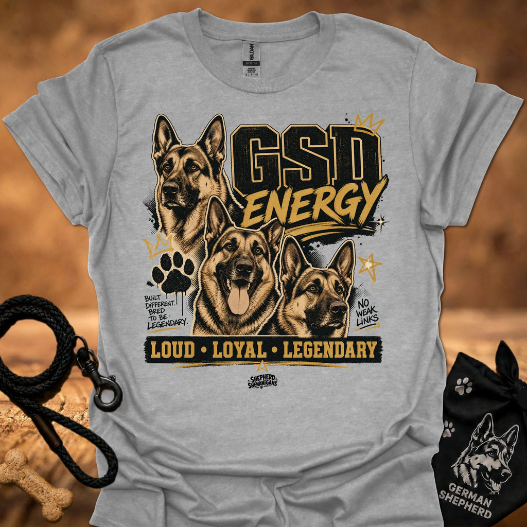 GSD Energy T-shirt, heather gray, three German Shepherds graphic with “Loud • Loyal • Legendary”.