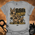 GSD Energy T-shirt, heather gray, three German Shepherds graphic with “Loud • Loyal • Legendary”.