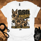 GSD Energy T-shirt, white, three German Shepherds graphic with “Loud • Loyal • Legendary”.