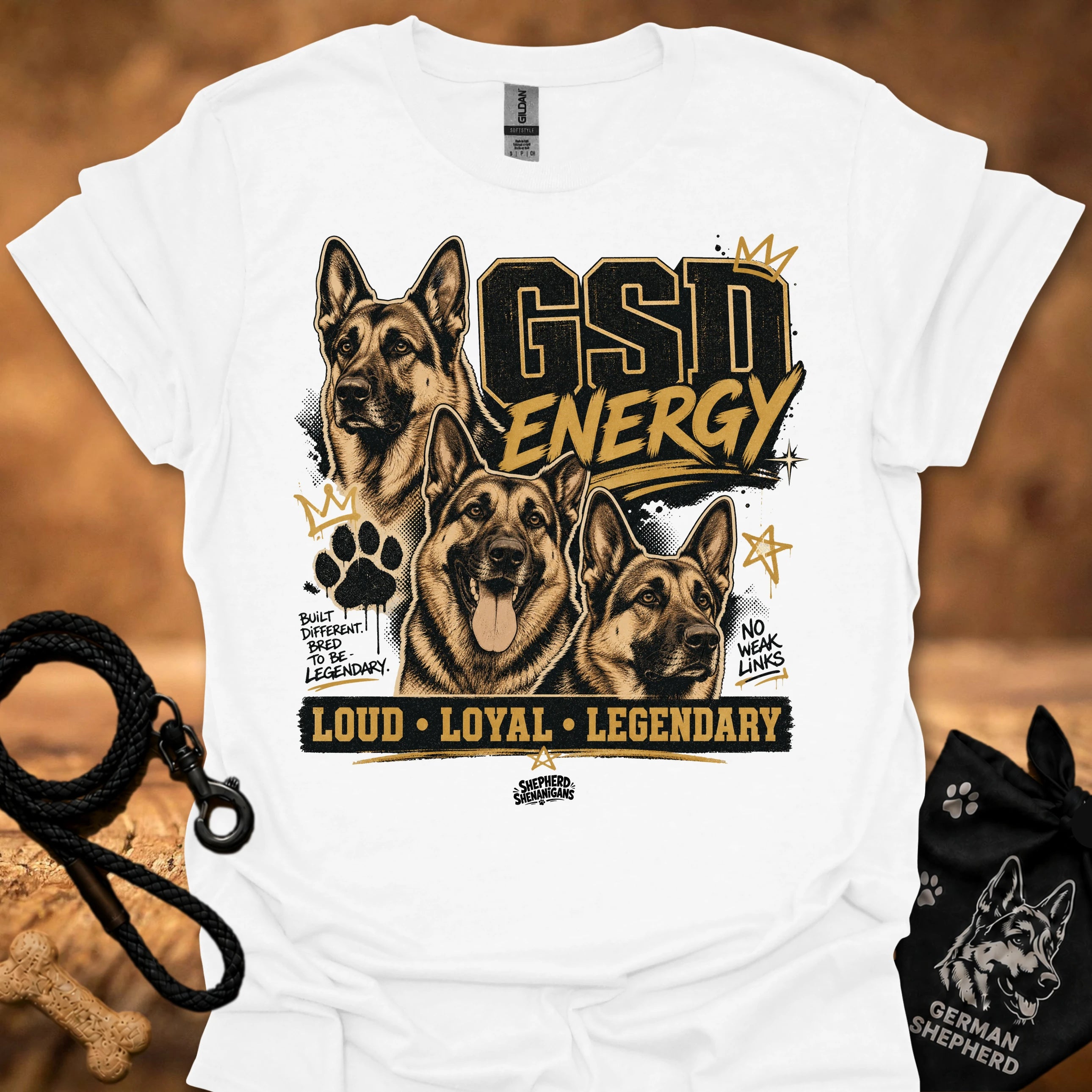 GSD Energy T-shirt, white, three German Shepherds graphic with “Loud • Loyal • Legendary”.