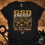 GSD Energy II T-shirt in black with GSD Energy graphic and three German shepherds