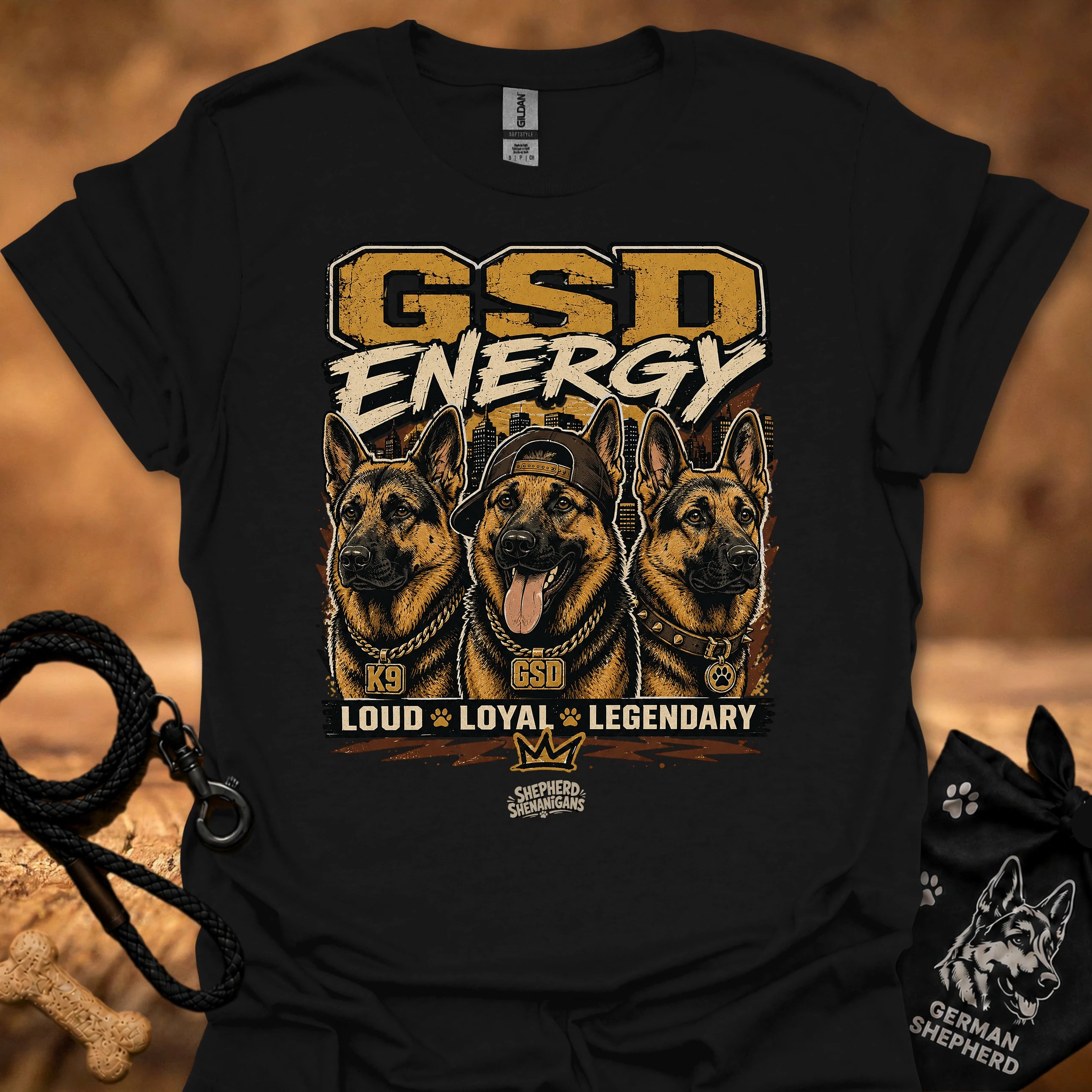 GSD Energy II T-shirt in black with GSD Energy graphic and three German shepherds