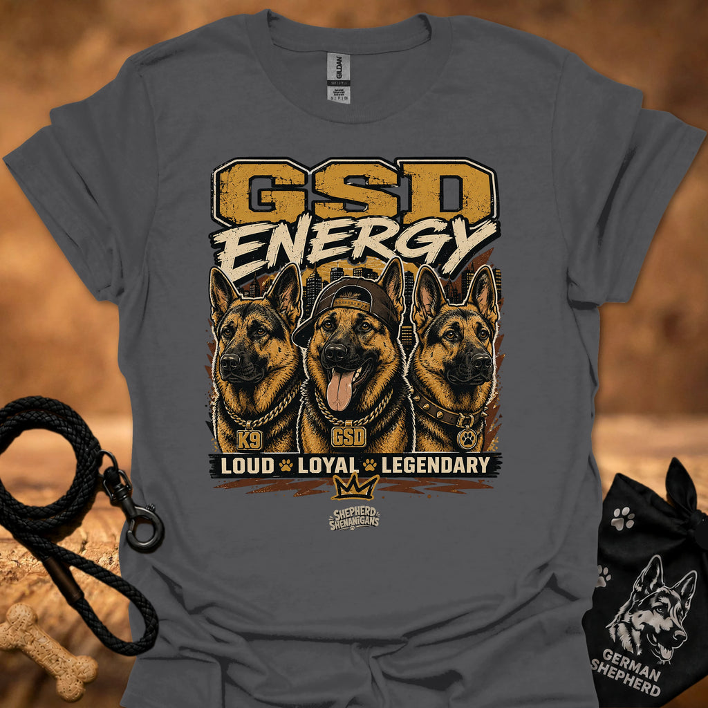 GSD Energy II T-shirt in charcoal gray with GSD Energy graphic and three German shepherds