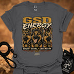 GSD Energy II T-shirt in charcoal gray with GSD Energy graphic and three German shepherds