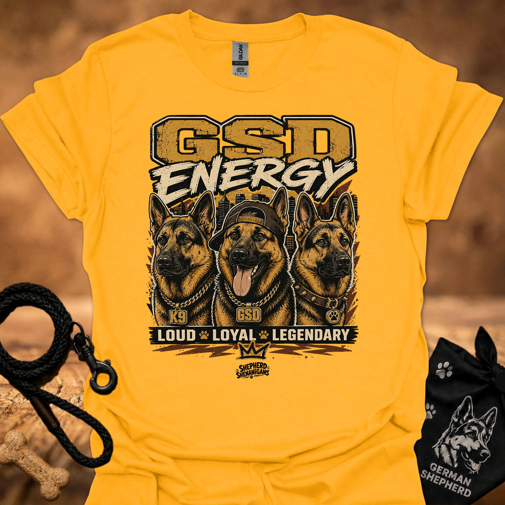 GSD Energy II T-shirt in gold with GSD Energy graphic and three German shepherds