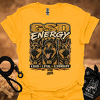 GSD Energy II T-shirt in gold with GSD Energy graphic and three German shepherds
