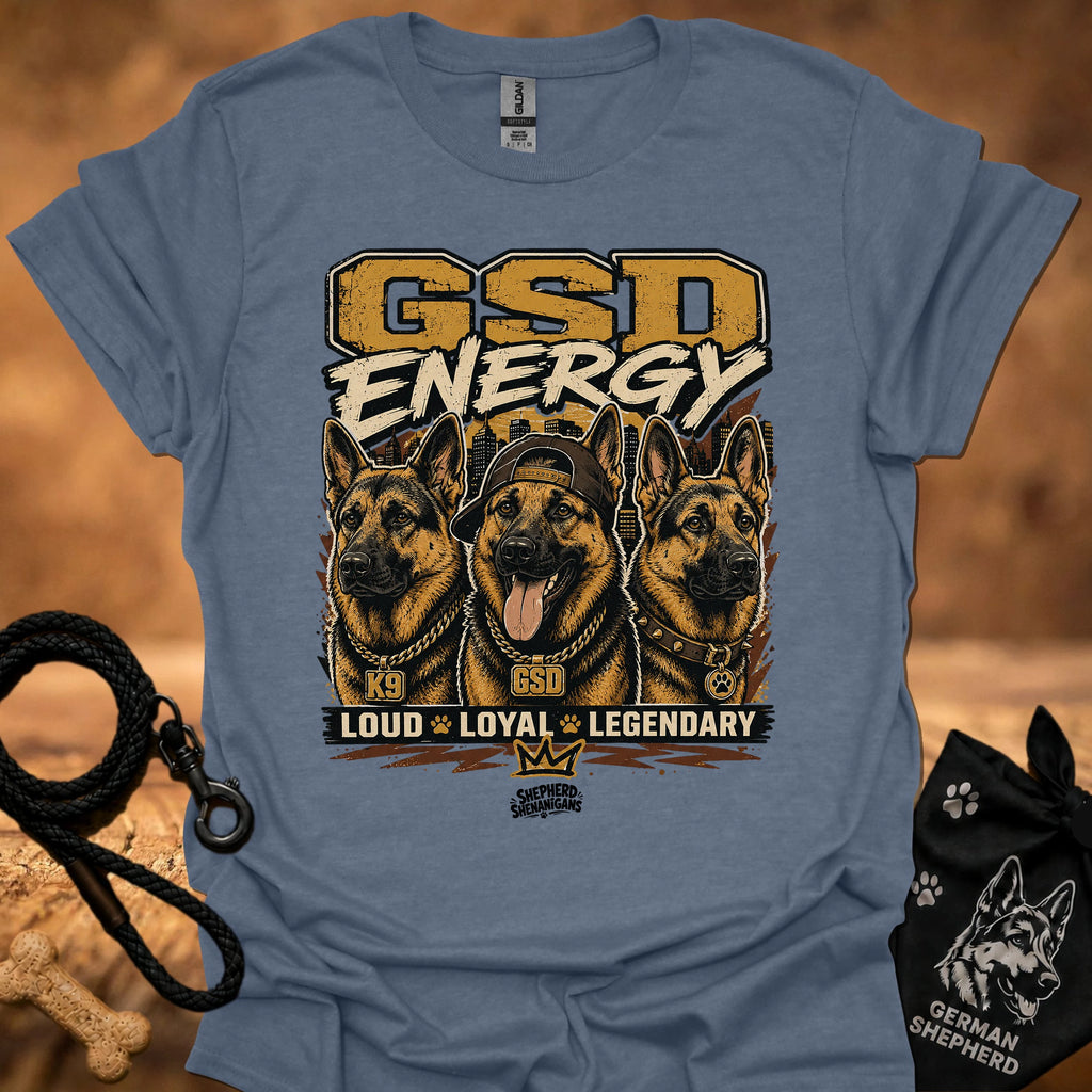 GSD Energy II T-shirt in navy blue with GSD Energy graphic and three German shepherds
