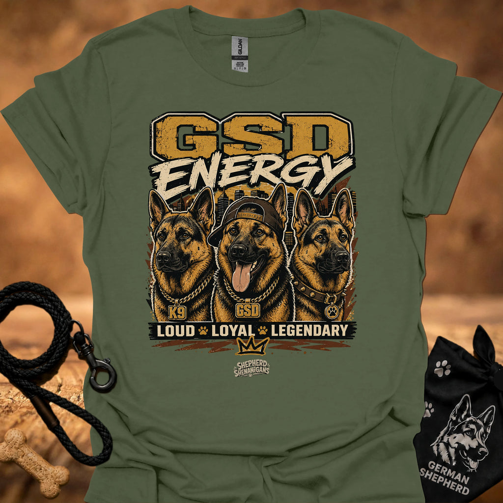 GSD Energy II T-shirt in military green with GSD Energy graphic and three German shepherds