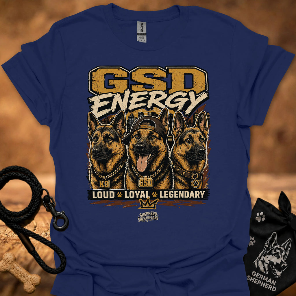 GSD Energy II T-shirt in heather indigo with GSD Energy graphic and three German shepherds
