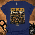 GSD Energy II T-shirt in heather indigo with GSD Energy graphic and three German shepherds