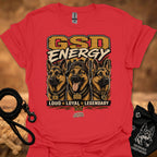 GSD Energy II T-shirt in red with GSD Energy graphic and three German shepherds