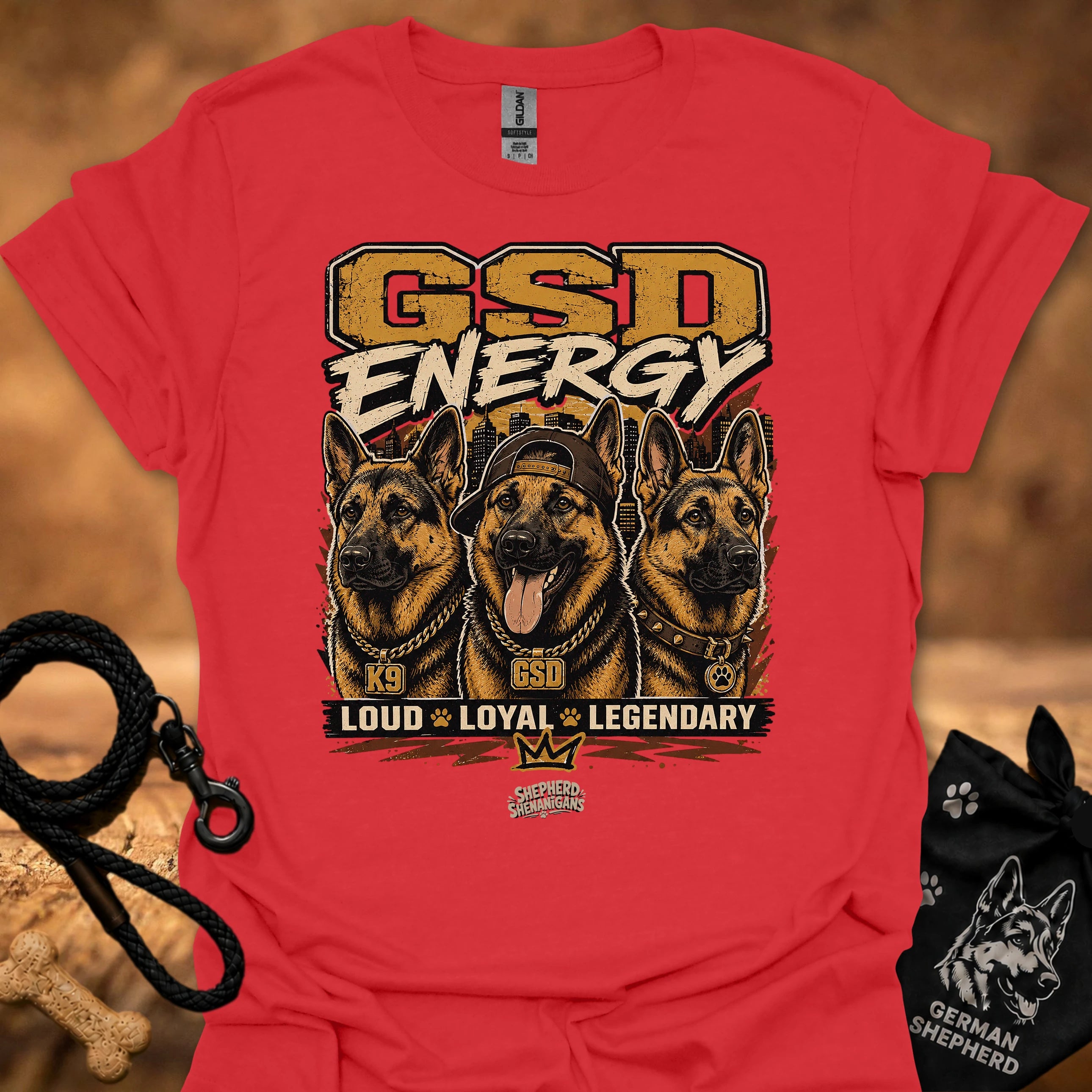 GSD Energy II T-shirt in red with GSD Energy graphic and three German shepherds