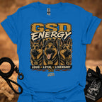 GSD Energy II T-shirt in royal blue with GSD Energy graphic and three German shepherds