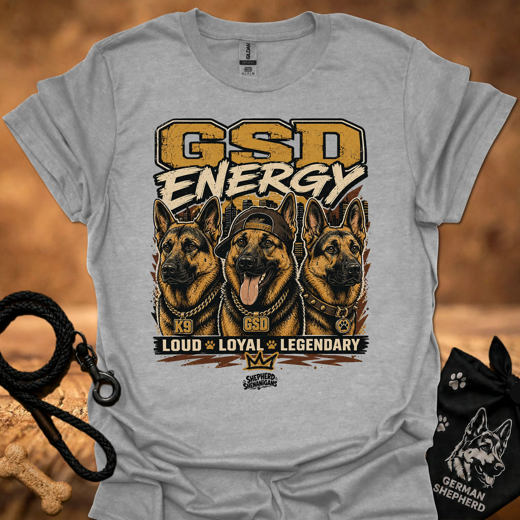GSD Energy II T-shirt in sport gray with GSD Energy graphic and three German shepherds
