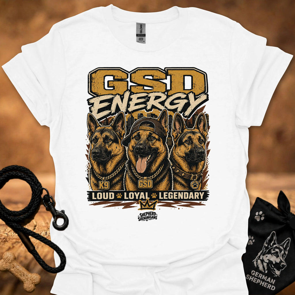 GSD Energy II T-shirt in white with GSD Energy graphic and three German shepherds