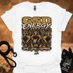 GSD Energy II T-shirt in white with GSD Energy graphic and three German shepherds