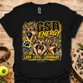 Black crewneck T-shirt with German shepherd GSD Energy front graphic