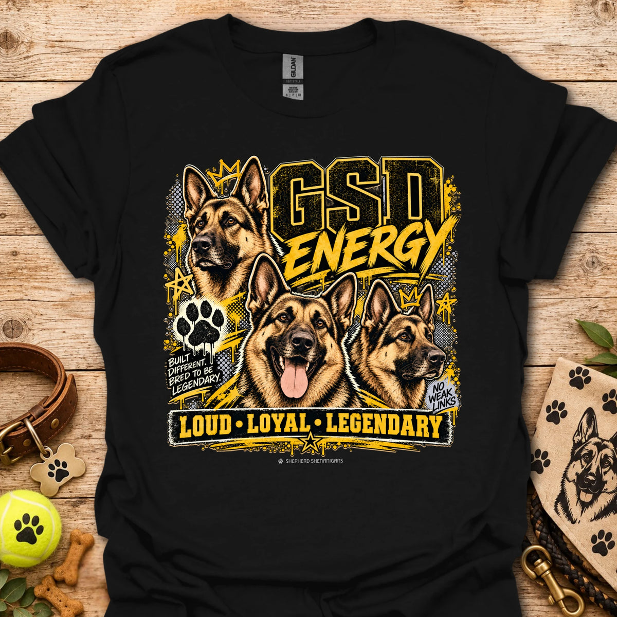 Black crewneck T-shirt with German shepherd GSD Energy front graphic