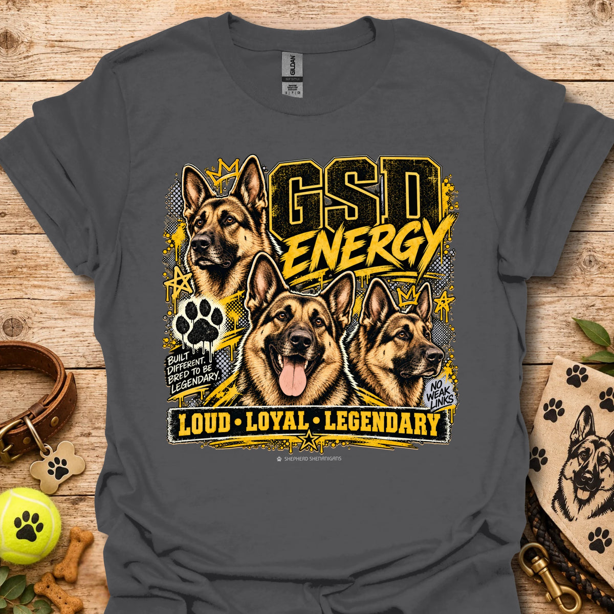 Charcoal crewneck T-shirt with German shepherd GSD Energy front graphic