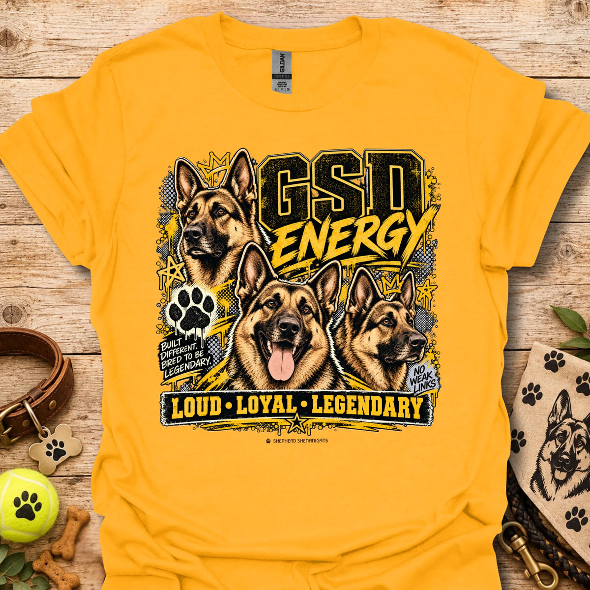 Gold crewneck T-shirt with German shepherd GSD Energy front graphic