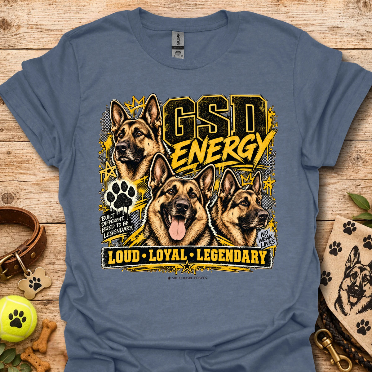 Heather indigo crewneck T-shirt with German shepherd GSD Energy front graphic