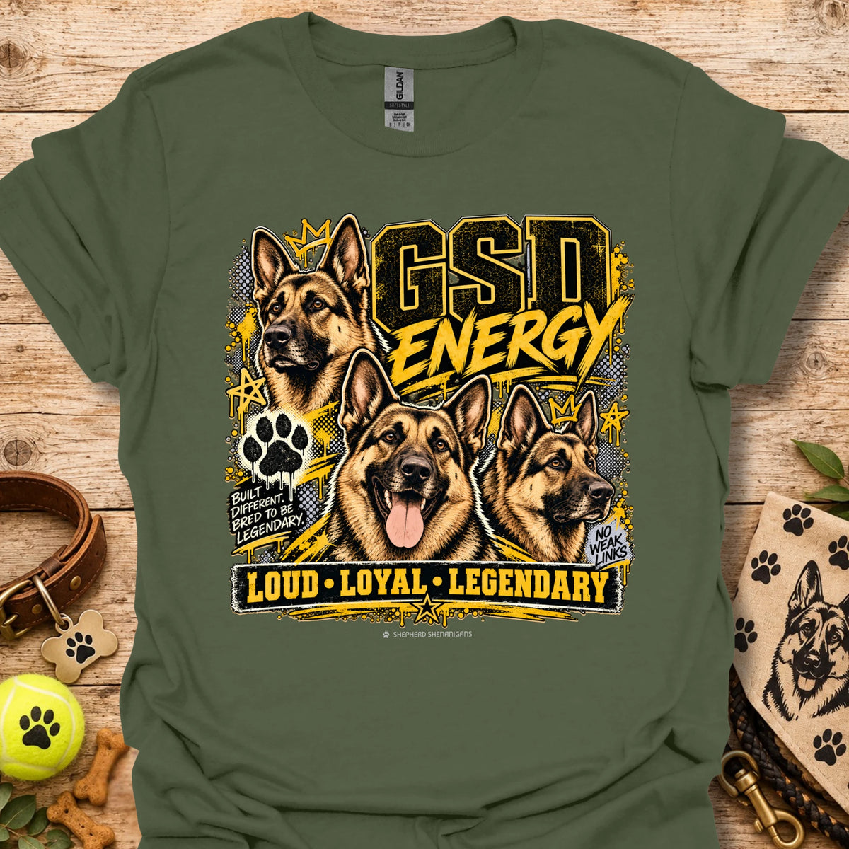 Military green crewneck T-shirt with German shepherd GSD Energy front graphic