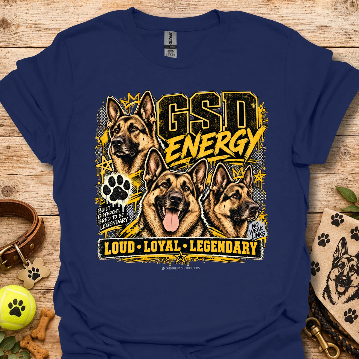 Navy crewneck T-shirt with German shepherd GSD Energy front graphic