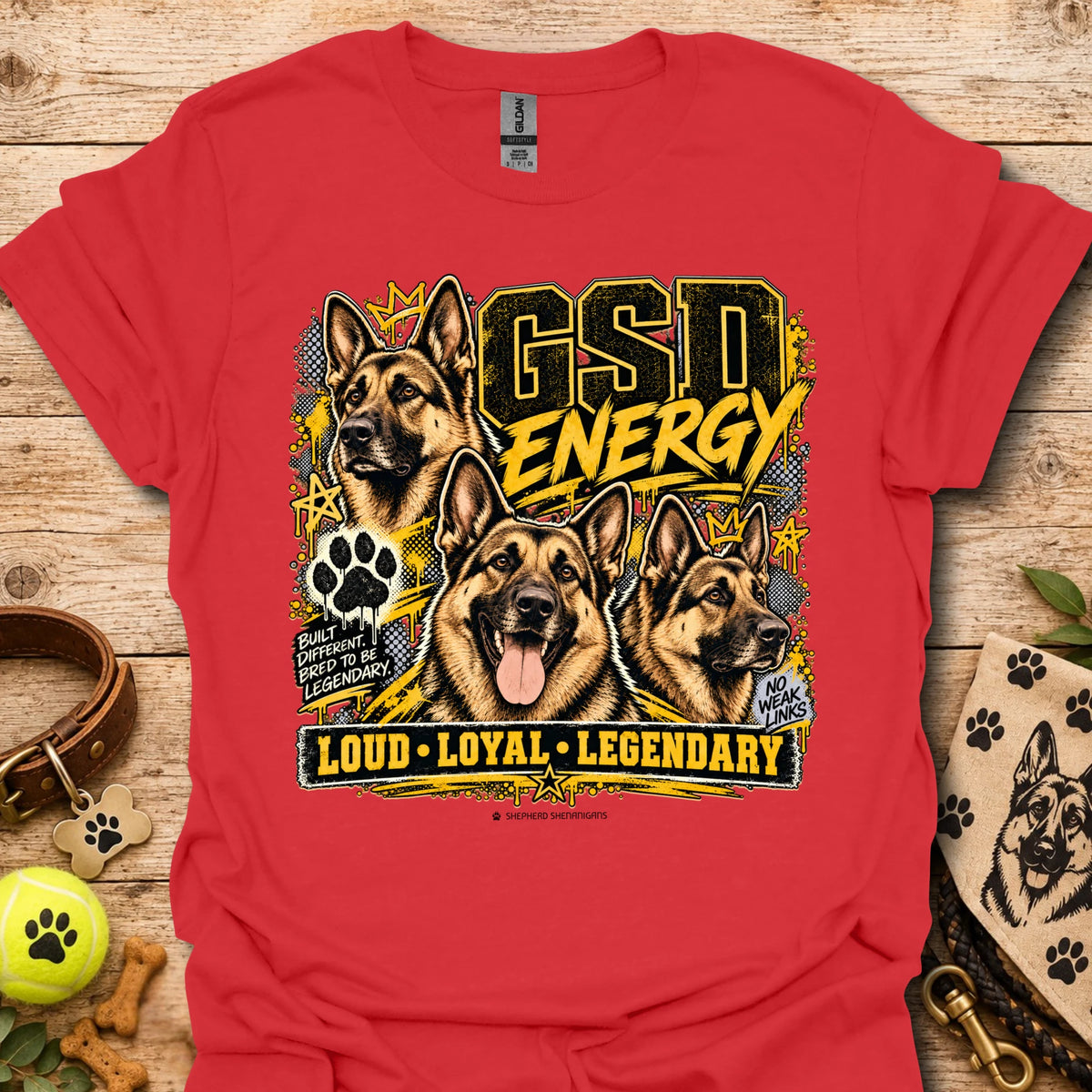 Red crewneck T-shirt with German shepherd GSD Energy front graphic