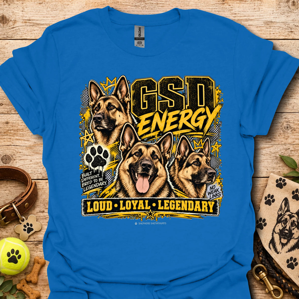 Royal blue crewneck T-shirt with German shepherd GSD Energy front graphic