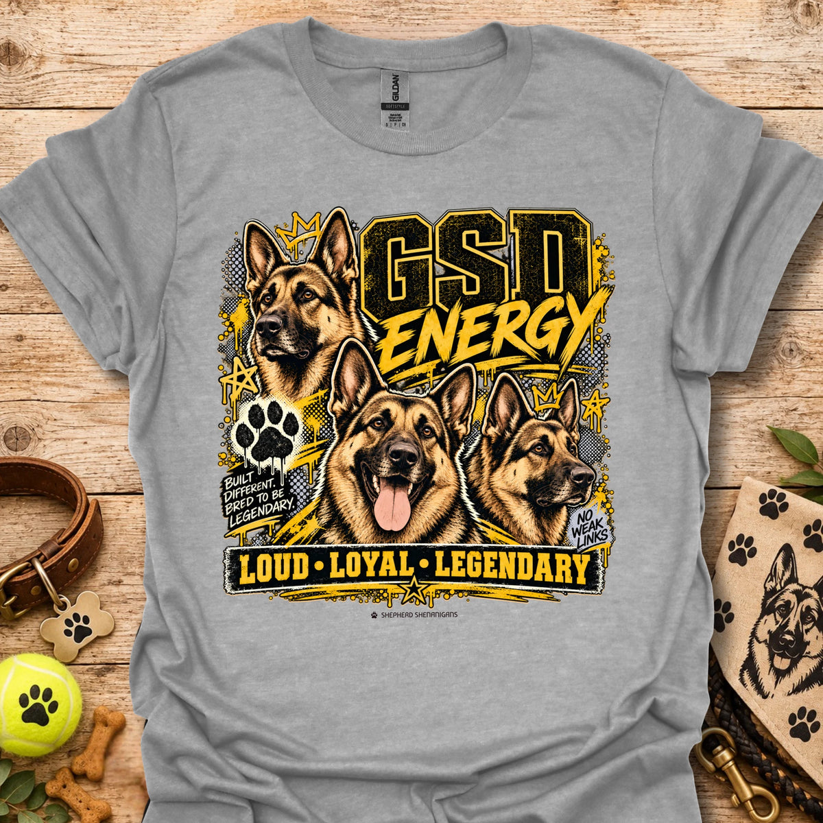 Sport grey crewneck T-shirt with German shepherd GSD Energy front graphic
