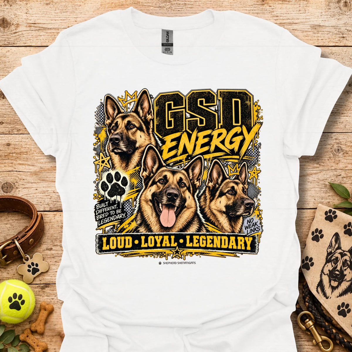 White crewneck T-shirt with German shepherd GSD Energy front graphic