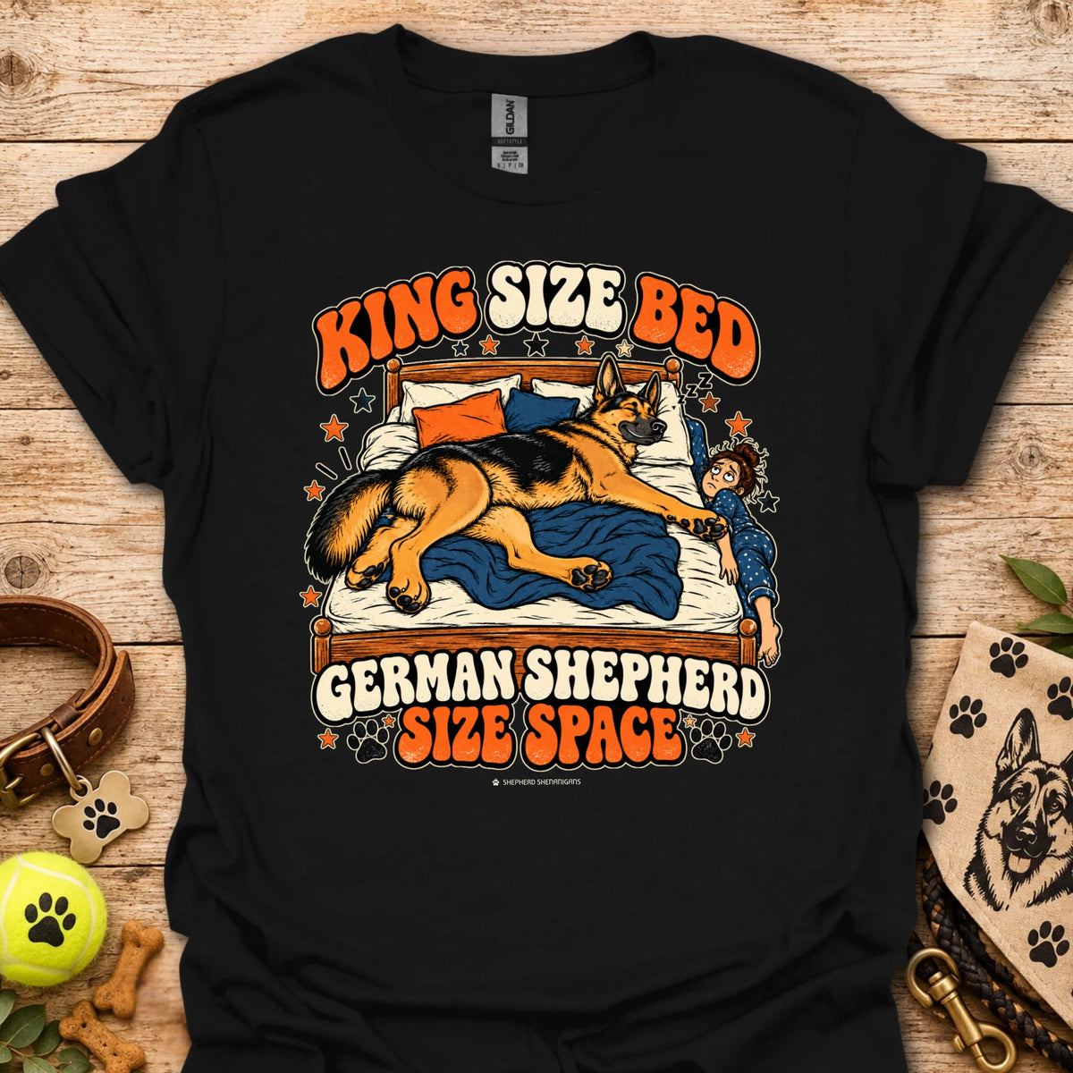 Black crewneck t-shirt with sleeping German shepherd graphic and King Size Ben text