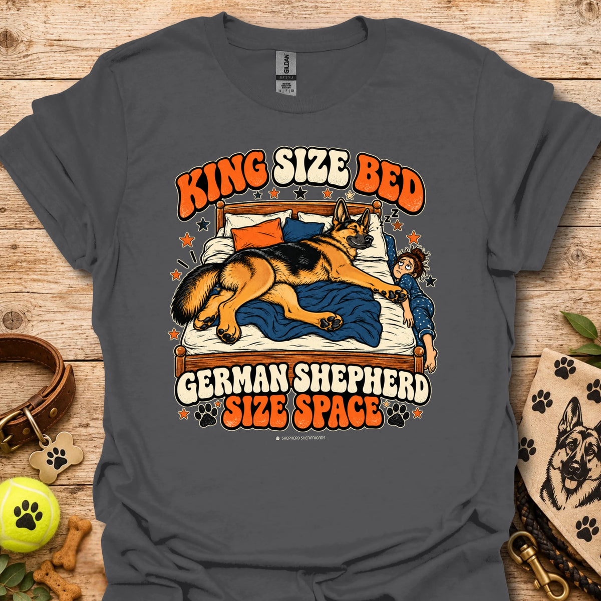 Charcoal crewneck t-shirt with sleeping German shepherd graphic and King Size Ben text