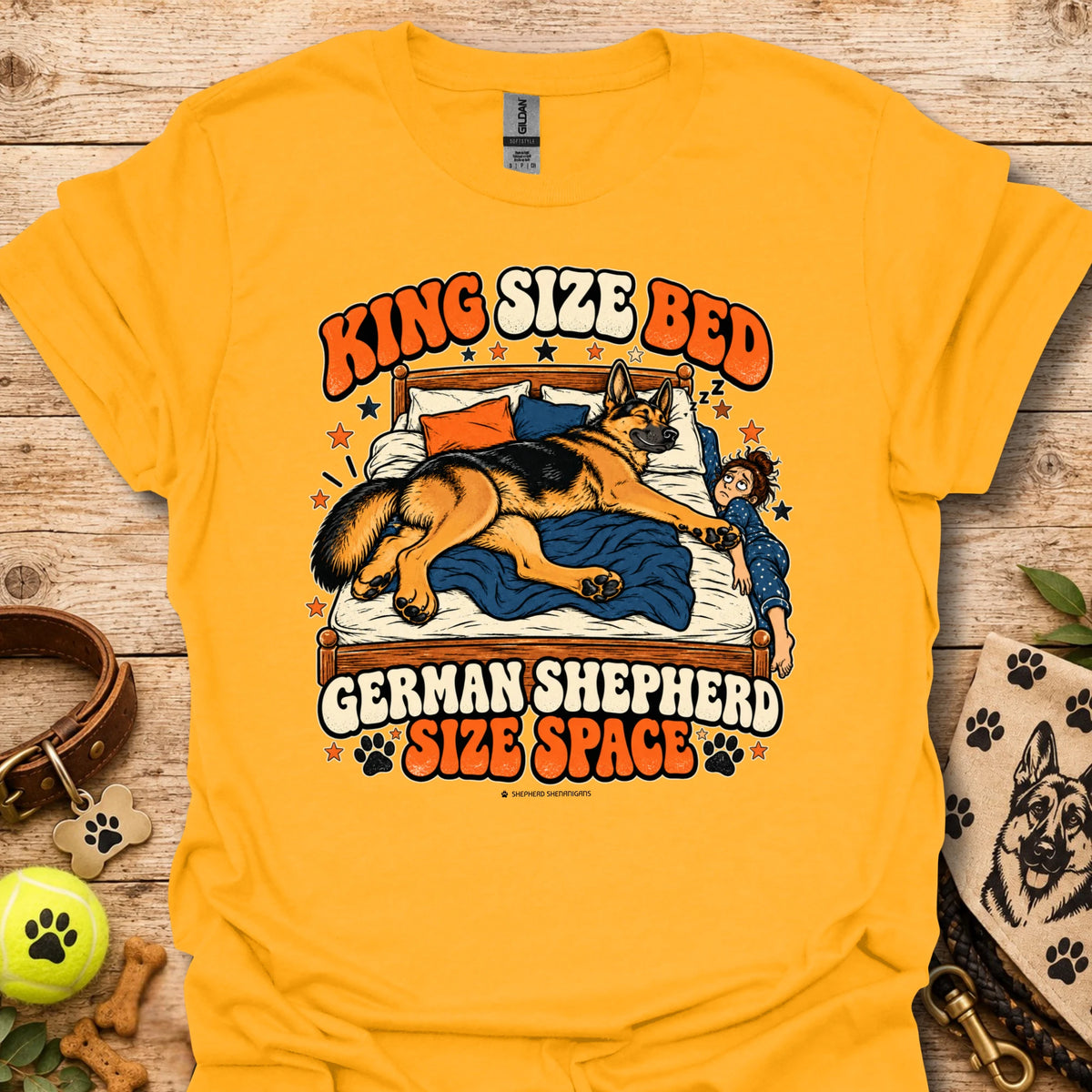 Gold/yellow crewneck t-shirt with sleeping German shepherd graphic and King Size Ben text