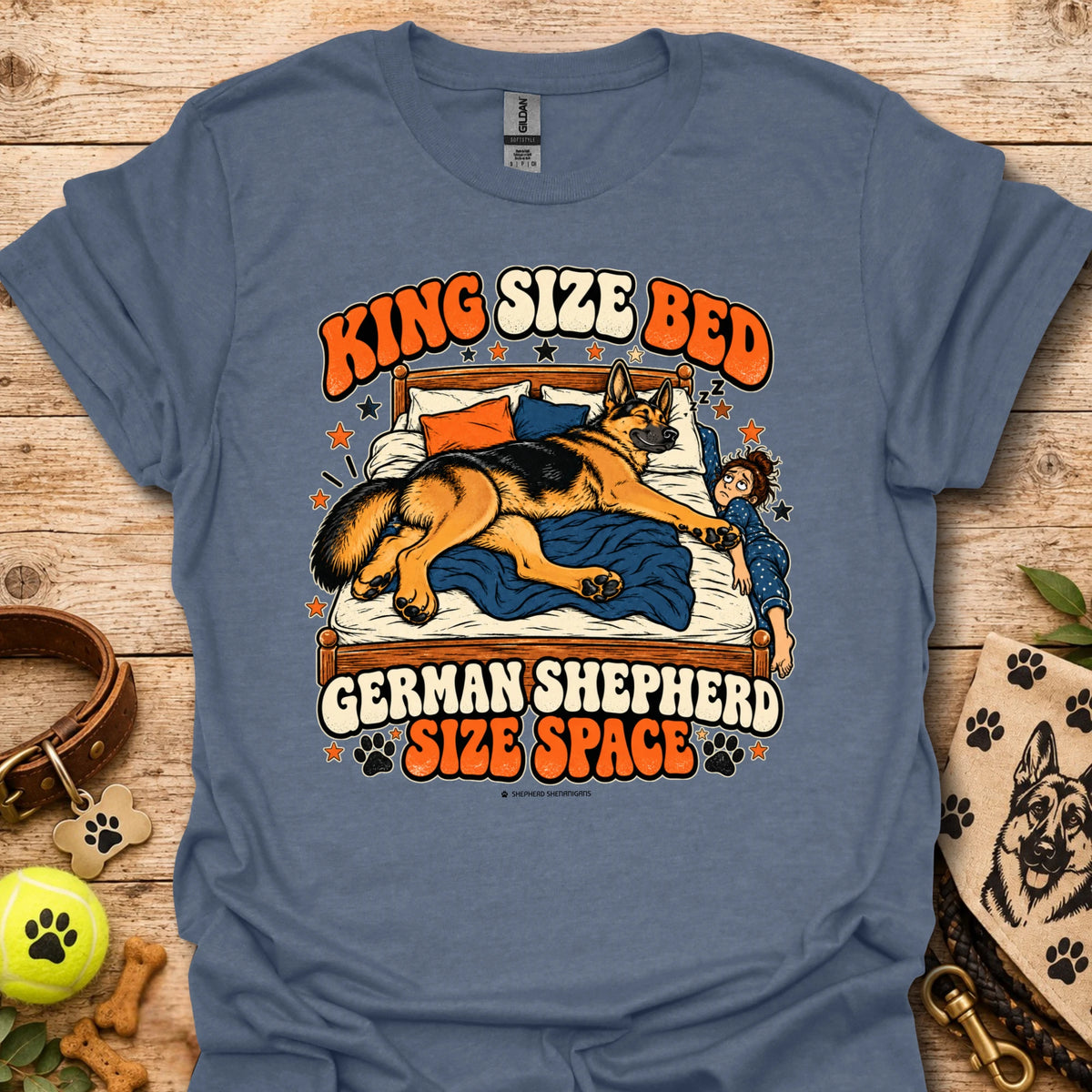 Slate blue crewneck t-shirt with sleeping German shepherd graphic and King Size Ben text