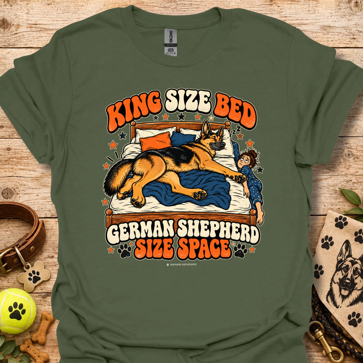 Military green crewneck t-shirt with sleeping German shepherd graphic and King Size Ben text