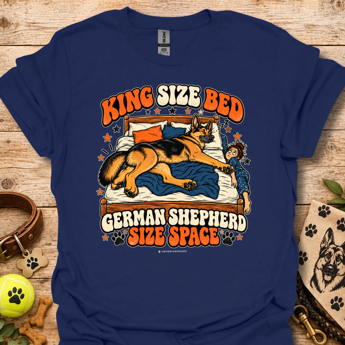Navy crewneck t-shirt with sleeping German shepherd graphic and King Size Ben text