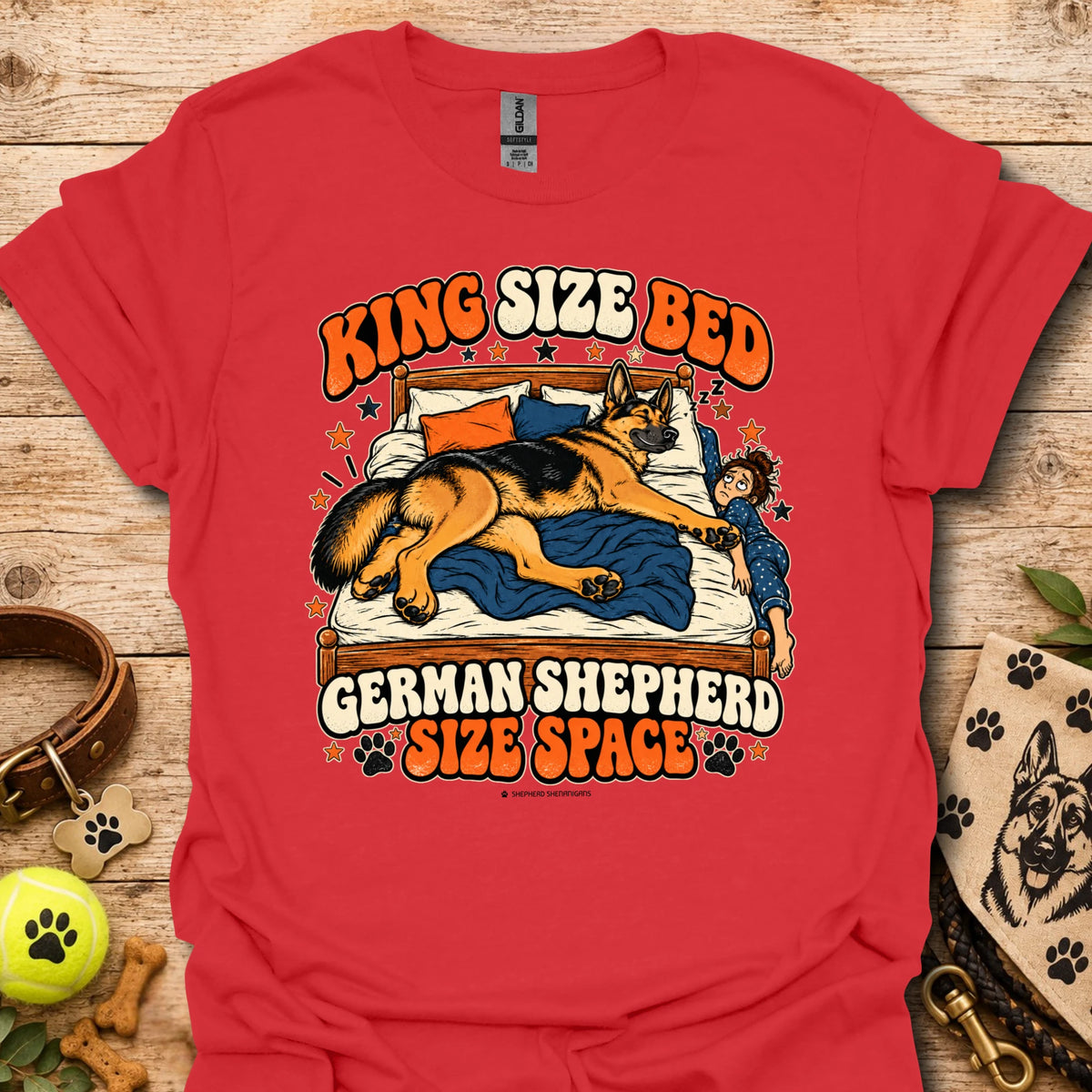 Red crewneck t-shirt with sleeping German shepherd graphic and King Size Ben text