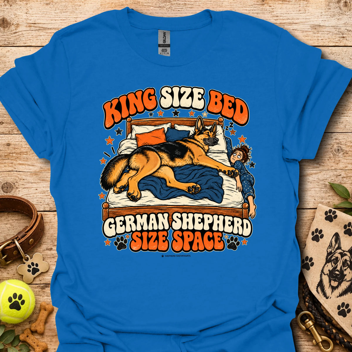 Royal blue crewneck t-shirt with sleeping German shepherd graphic and King Size Ben text