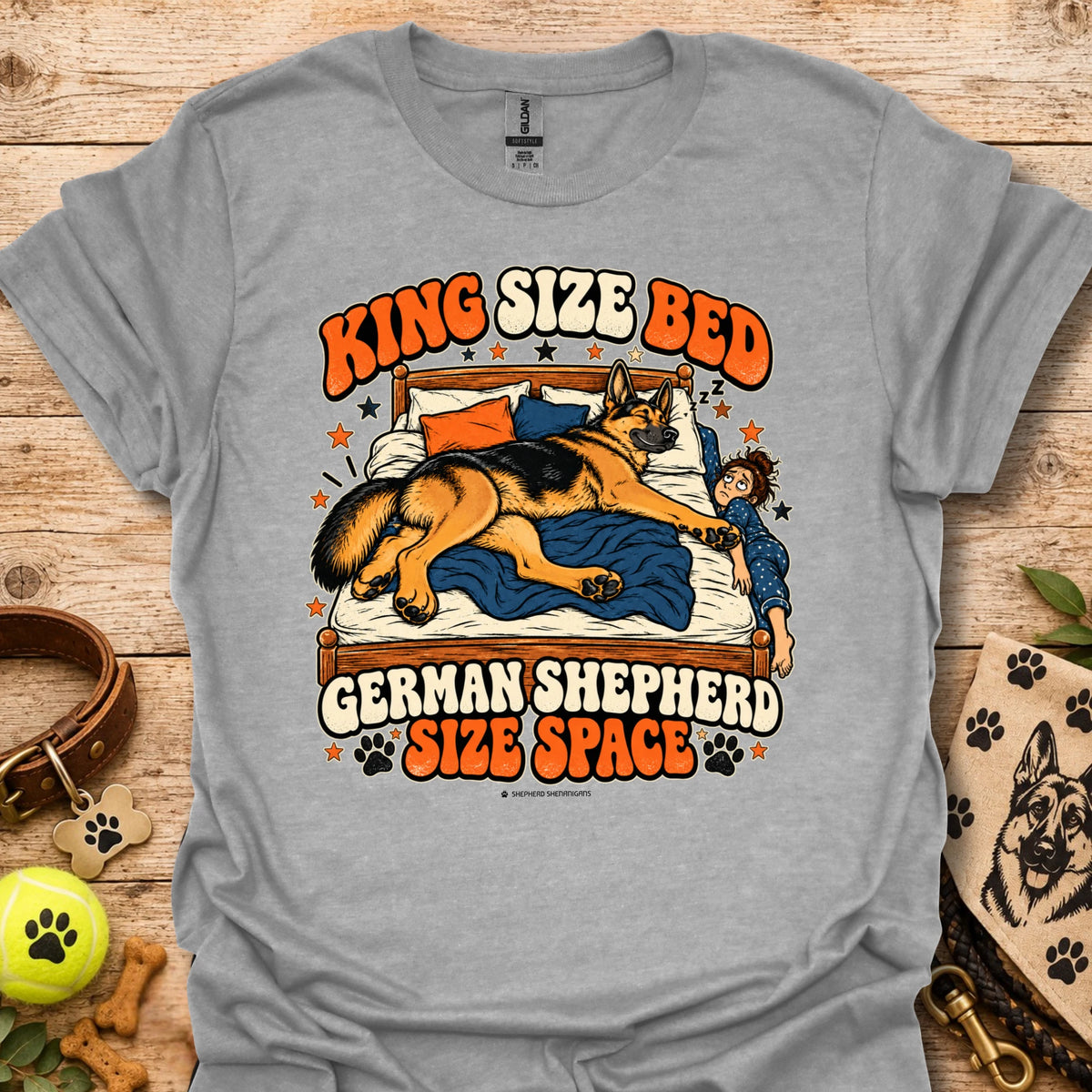Heather gray crewneck t-shirt with sleeping German shepherd graphic and King Size Ben text