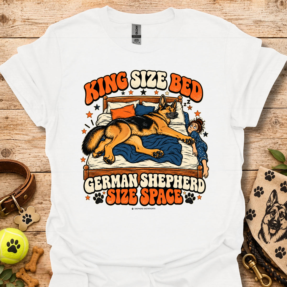 White crewneck t-shirt with sleeping German shepherd graphic and King Size Ben text
