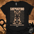 Black graphic T-shirt with German shepherd holding a coffee cup