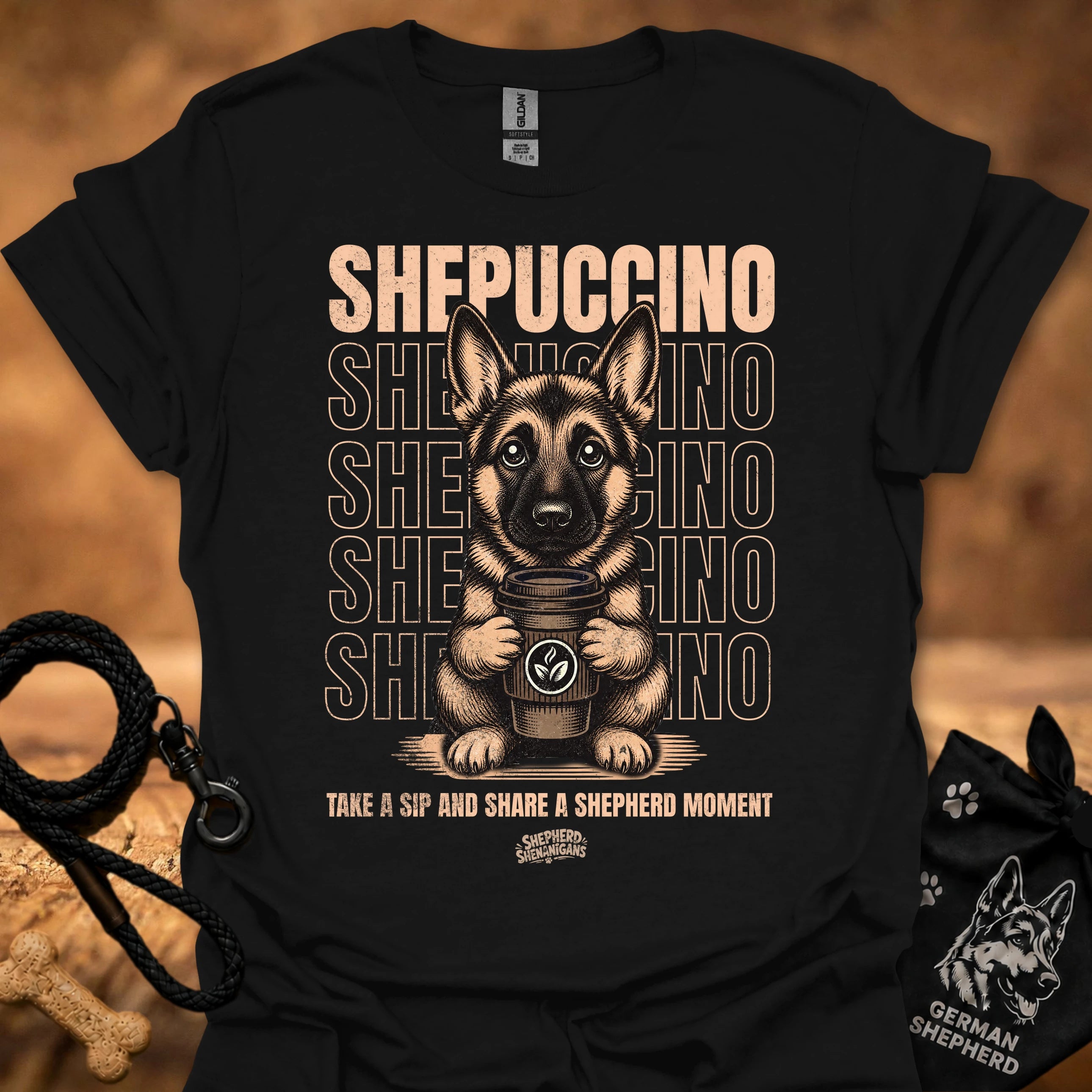 Black graphic T-shirt with German shepherd holding a coffee cup