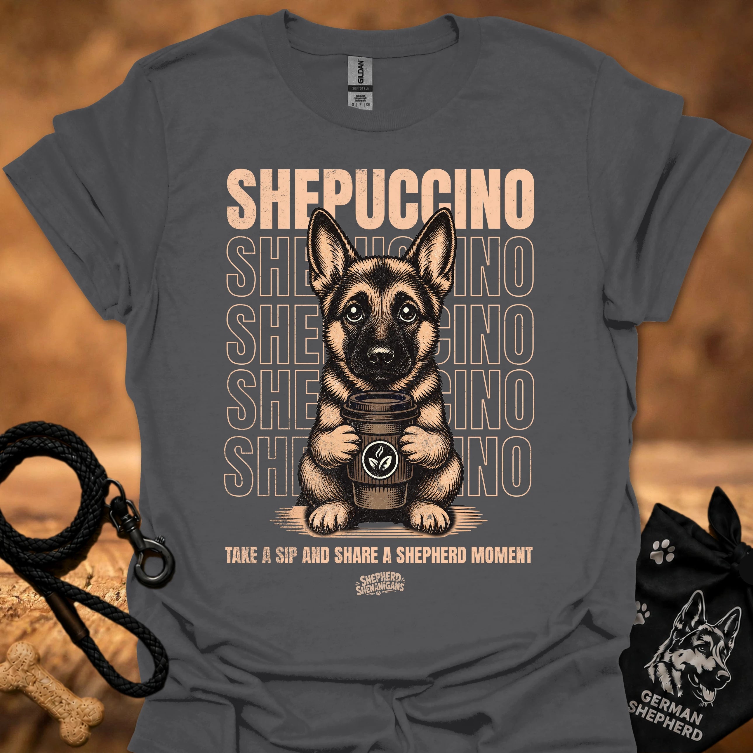 Charcoal gray graphic T-shirt with German shepherd holding a coffee cup