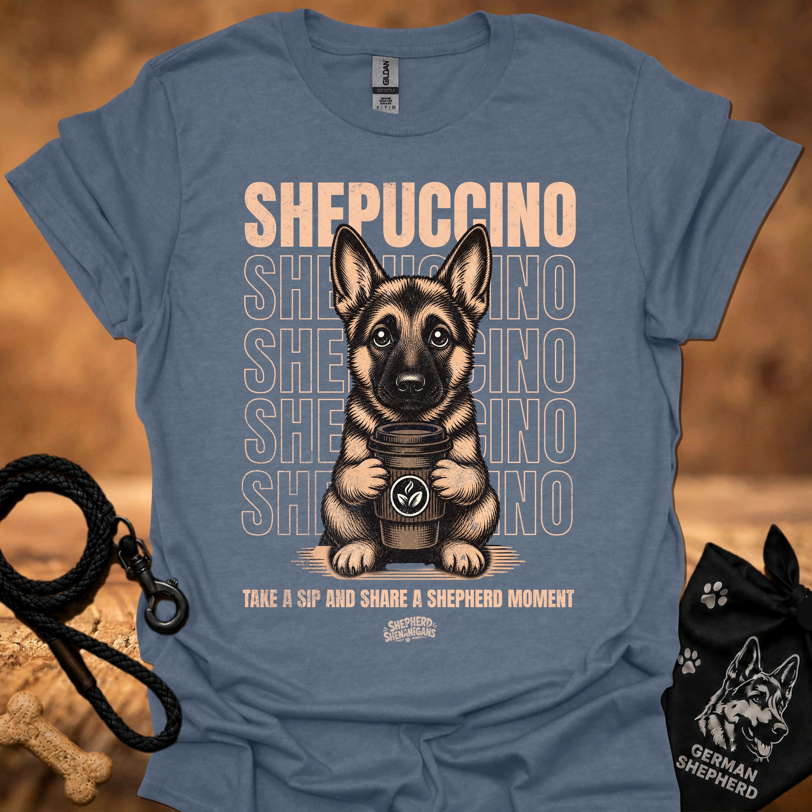 Slate blue graphic T-shirt with German shepherd holding a coffee cup