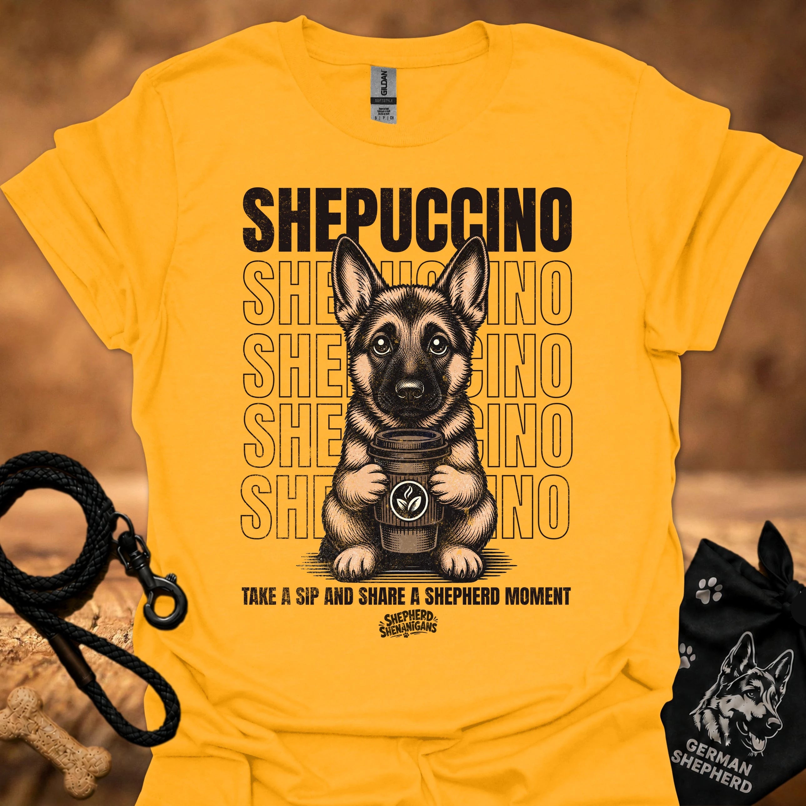 Gold graphic T-shirt with German shepherd holding a coffee cup