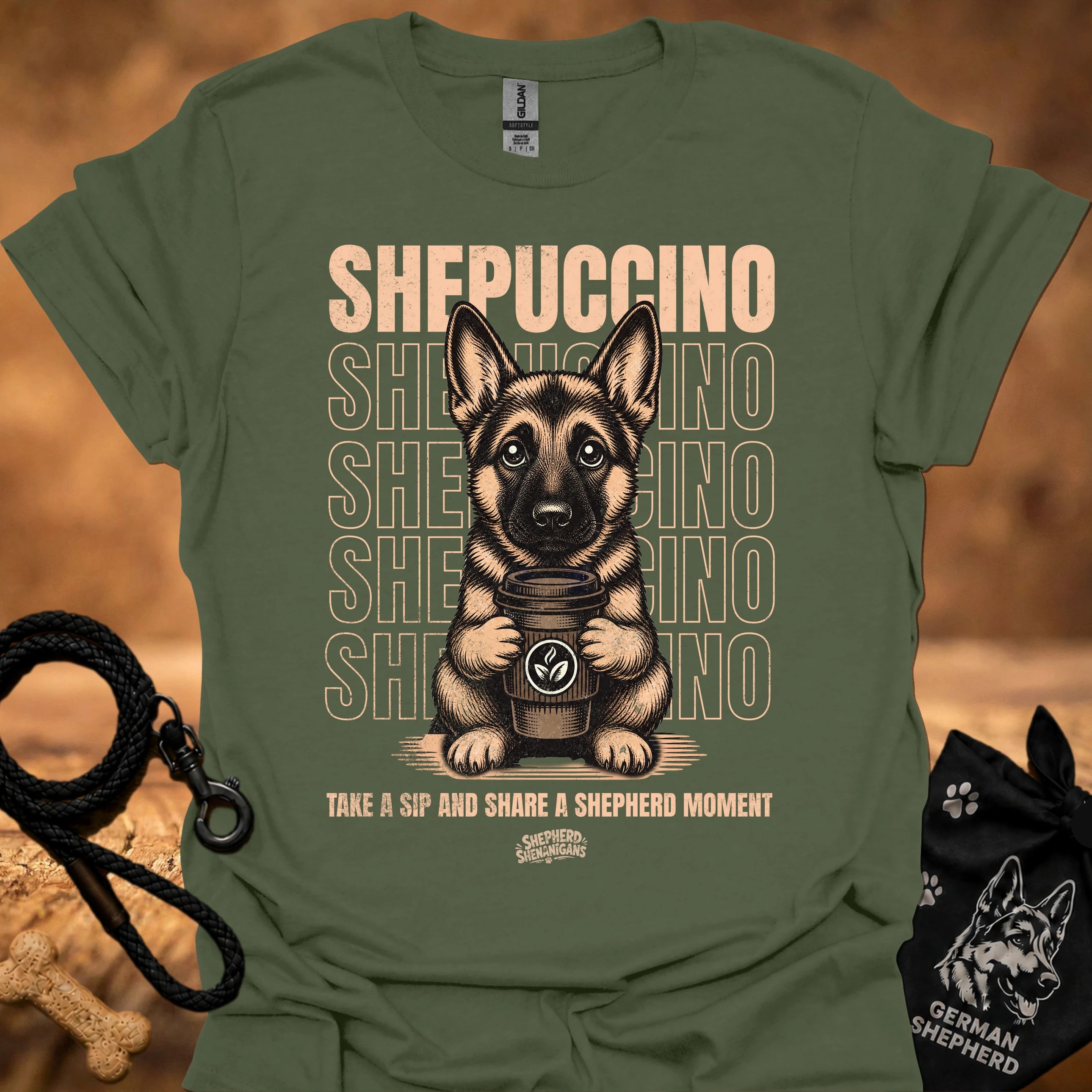 Military green graphic T-shirt with German shepherd holding a coffee cup