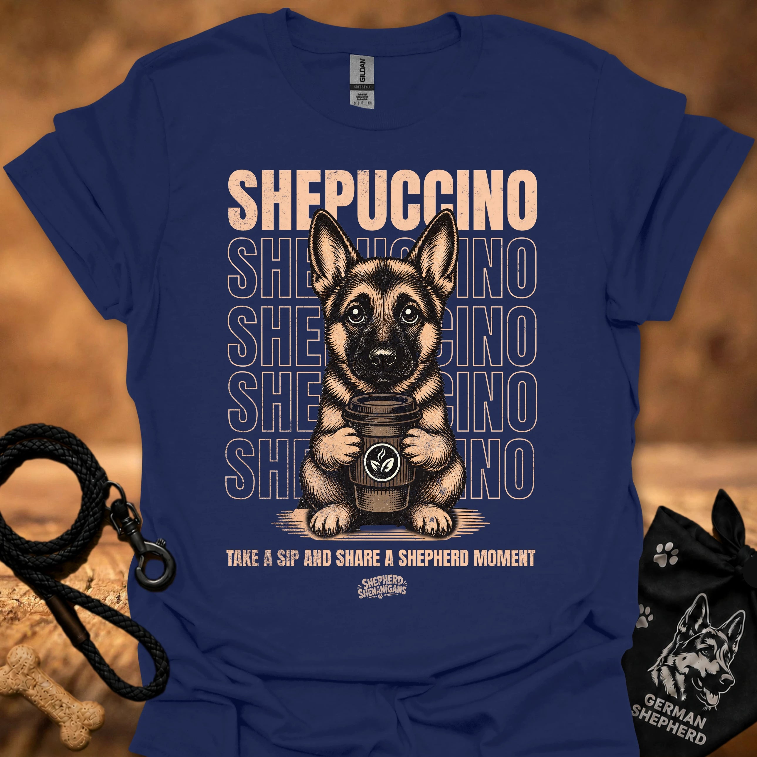 Navy blue graphic T-shirt with German shepherd holding a coffee cup